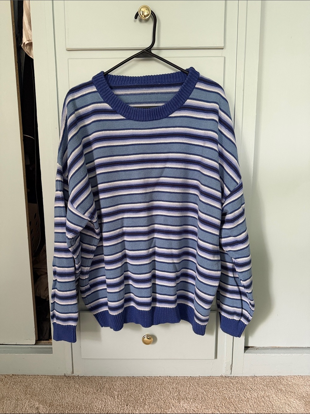 White Fox Boutique Striped Crewneck Sweater in Navy, Light Blue and White